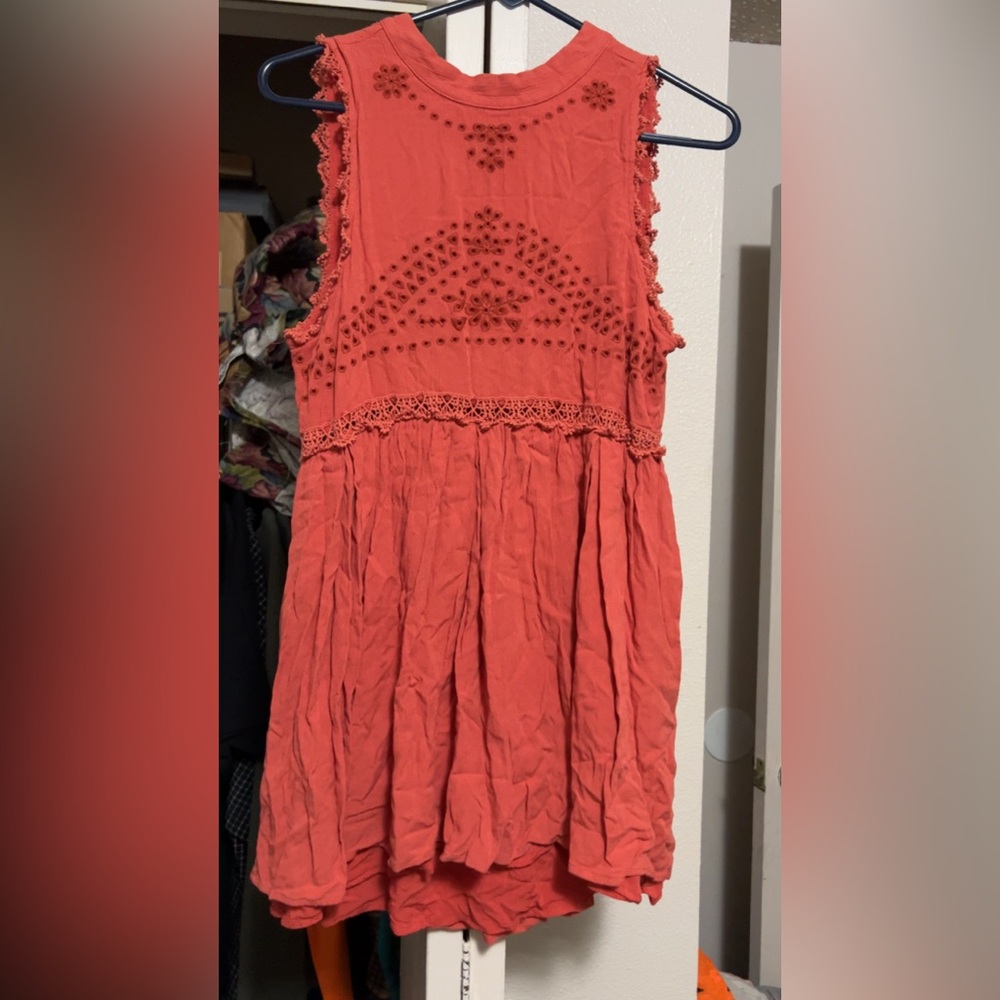 Coral Sleeveless Mini Dress with Eyelet and Crochet Trim